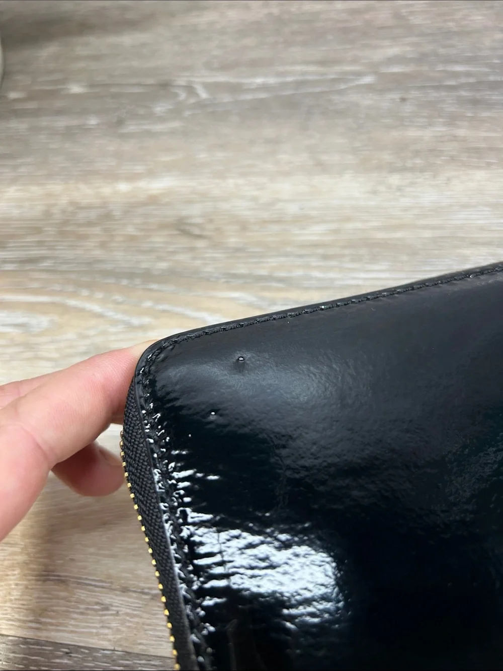 2828 Michael Kors Black Patent Leather Zip Wallet with Gold Plaque